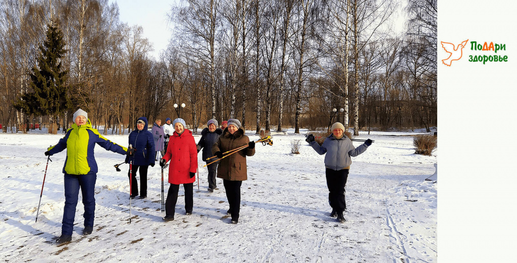 группа пенсионеров на занятии скандинавской ходьбой